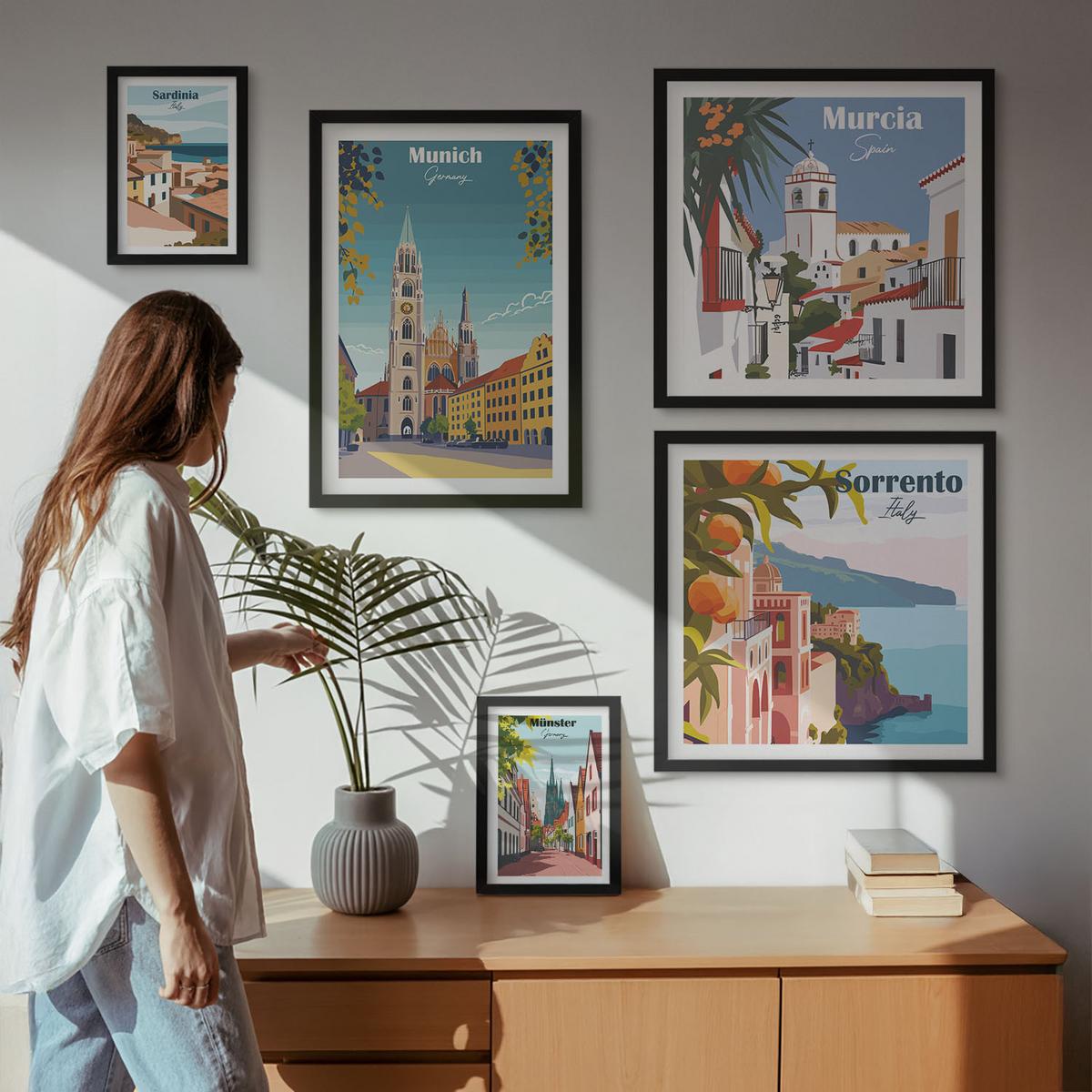 BILDER SET 5er Set - 50x50 cm & 20x30 cm & 40x60 cm Schwarzer Rahmen - Retro-Stadtillustrationen - Schwarz, Kunststoff (40/60cm) - TULUP