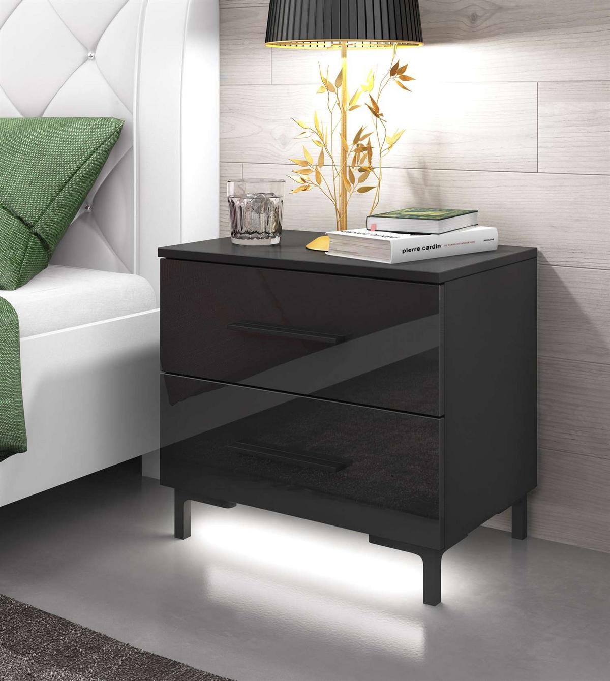 NACHTTISCH LINA mit Beinen, Hochglanz, LED - Schwarz, Holzwerkstoff (55/52/37cm) - Lookway