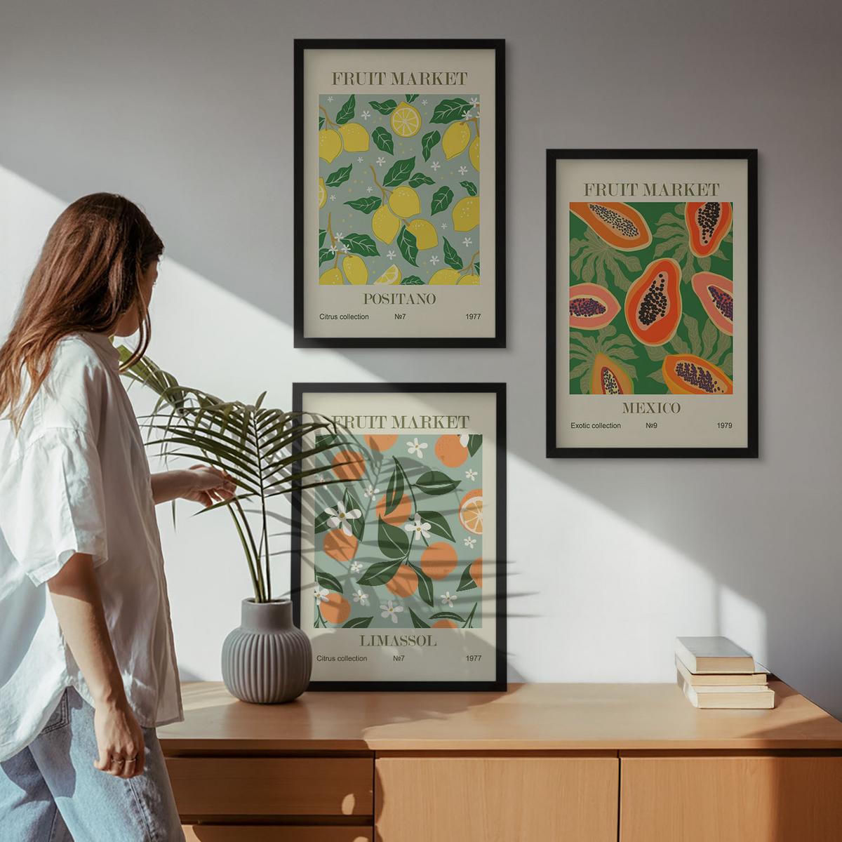 BILDER SET 3er Set - 40x60 cm Schwarzer Rahmen - Fruchtposter Zitronen Papayas - Schwarz, Kunststoff (40/60cm) - TULUP
