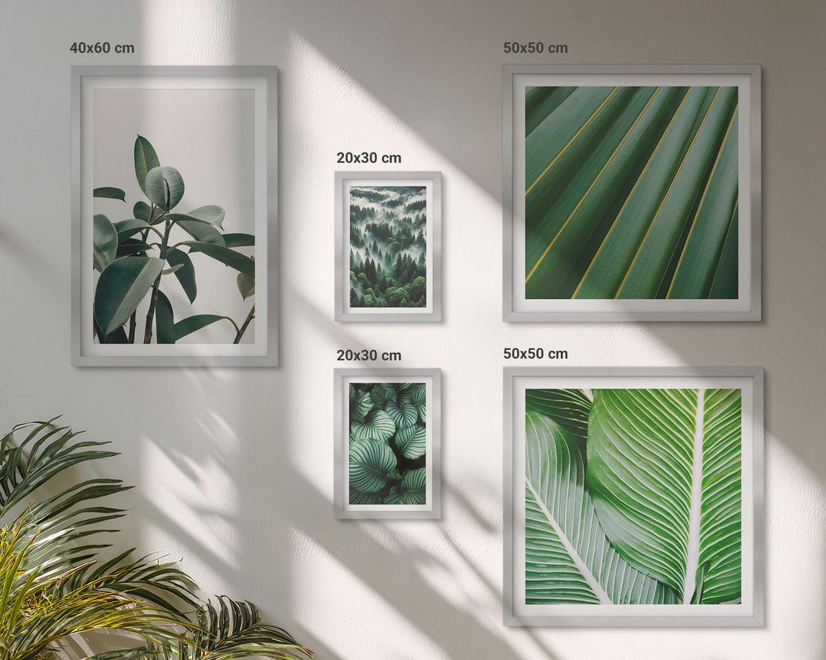 BILDER SET 5er Set - 50x50 cm & 20x30 cm & 40x60 cm Silberner Rahmen - Tropische Blätter in Grün - Silberfarben, Kunststoff (40/60cm) - TULUP