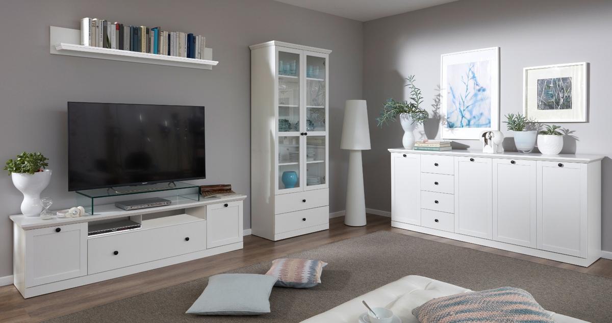 TV-LOWBOARD weiß matt 177 x 49 cm, Fernsehtisch im Landhaus-Stil - Silberfarben/Weiß, Holzwerkstoff/Metall (177/49/41cm) - Top.Furn