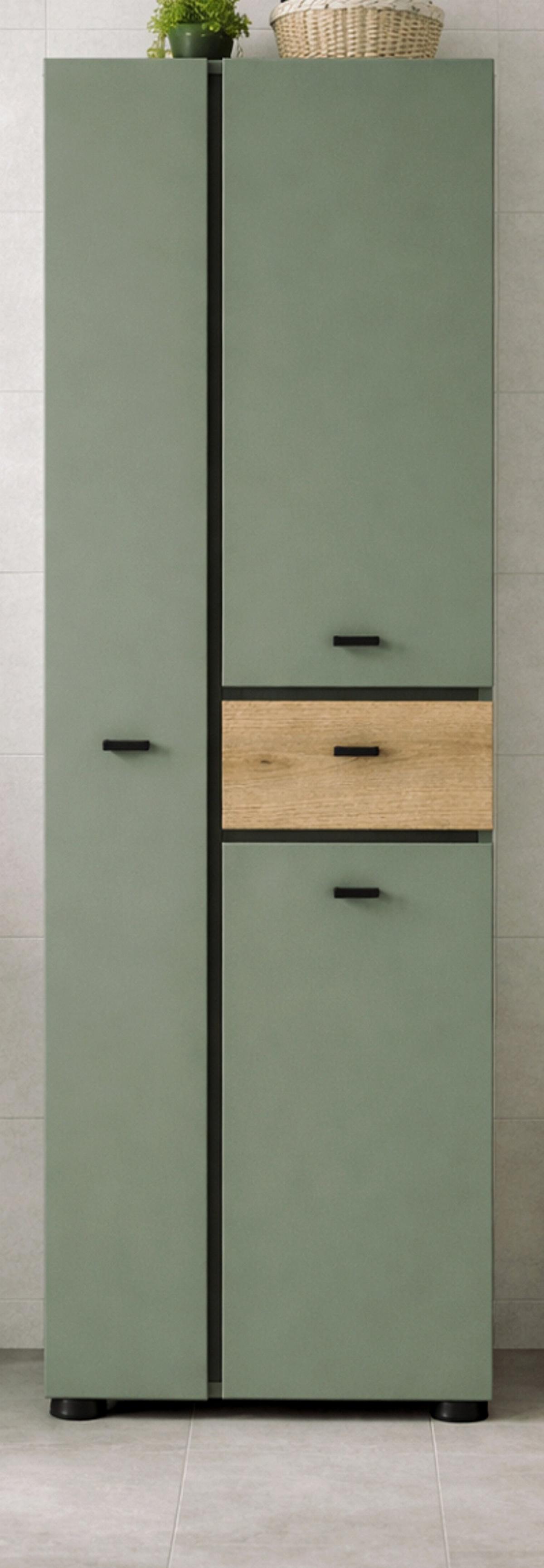 HOCHSCHRANK grün, Evoke Eiche 51 x 191 cm, Badschrank mit viel Stauraum - Eichefarben/Schwarz, Holzwerkstoff/Kunststoff (51/191/30cm) - Inn.Furn