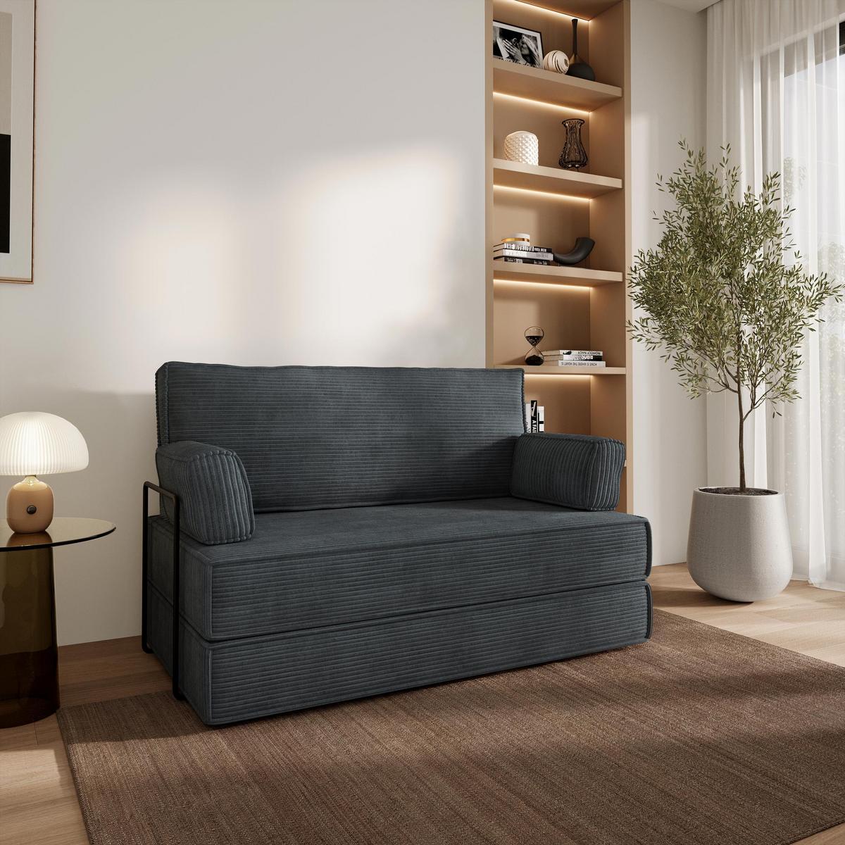BETTSOFA LADIA aus Schaumstoff Cordstoff Grau Schlaffunktion - Dunkelgrau, Textil (140/86/60cm) - MASSENO