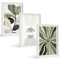 BILDER SET 3er Set - 40x60 cm Weißer Rahmen - Pflanzenmotive, Geometrie, Grün - Weiß, Kunststoff (40/60cm) - TULUP