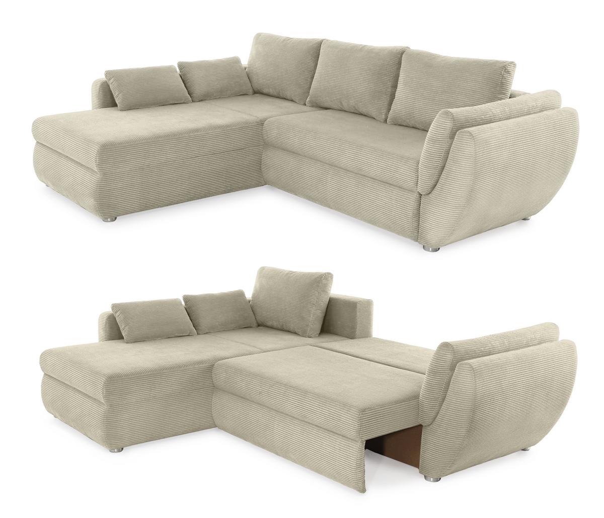 ECKSOFA mit Schlaffunktion und Bettkasten, seitenverkehrt montierbar B272/T200/H88 cm, Liegefläche 128x224 cm, Cord Beige Grau / 15227 - Chromfarben/Greige, Kunststoff/Textil (272/200cm) - luma-home