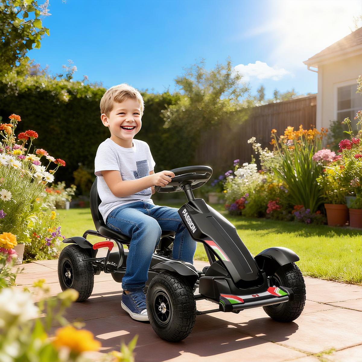 KINDER GO KART TRETAUTO, Schwarz, Kunststoff+ Metall - Schwarz, Metall (121/58/61cm) - HOMCOM