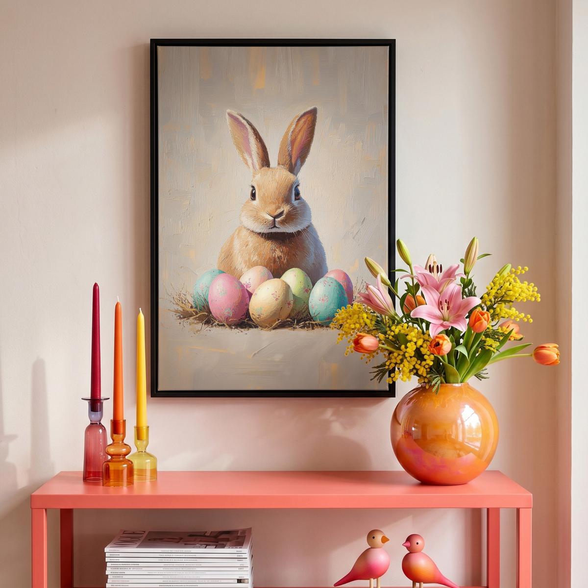 LEINWAND Bilder mit Rahmen - Osterhase - Pastell - Eier - 40x60 - Beige, Textil (40/60cm) - MuchoWow