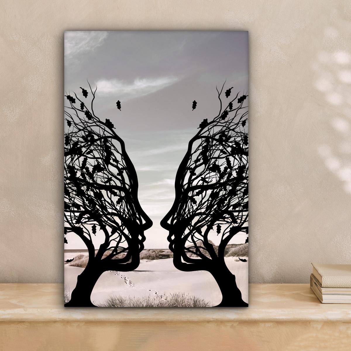 LEINWANDBILD Strand - Meer - Menschen - Baum - Moderne Kunst Deko Wohnzimmer 20x30 cm - Hellgrau, Textil (20/30cm) - MuchoWow