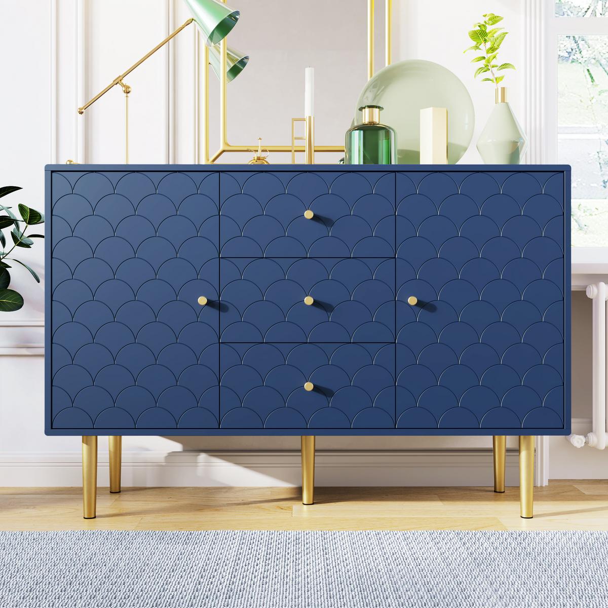 SIDEBOARD 2 Türen und 3 Schubladen, Verstellbare Ablage Blau 120/40/82CM - Blau, Holzwerkstoff/Metall (40/82/120cm) - Urban Meuble