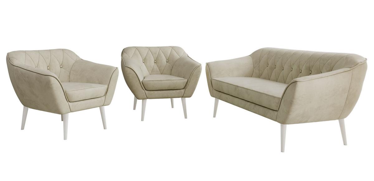 SITZGARNITUR PIRS 3+1+1 - Beige Velvet - Weiße Beine - Beige/Weiß, Holzwerkstoff/Textil (180/75/74cm) - MKS