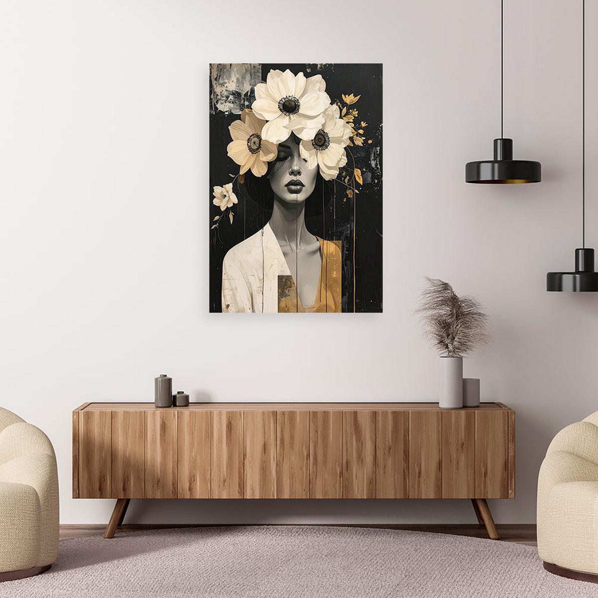 BILD auf Leinwand, Frau mit Blumen in Beige im Boho Stil - Schwarz, Textil (40/60cm) - Feeby