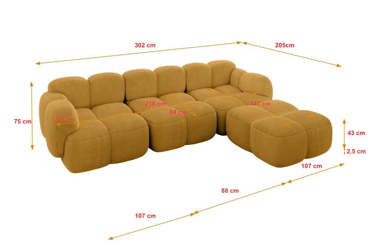 ECKSOFA modulares Sofa Rechts Miko-L2 302x205x75 Senfgelb Cord - Schwarz/Honig, Holzwerkstoff/Kunststoff (302/205cm) - ALTDECOR