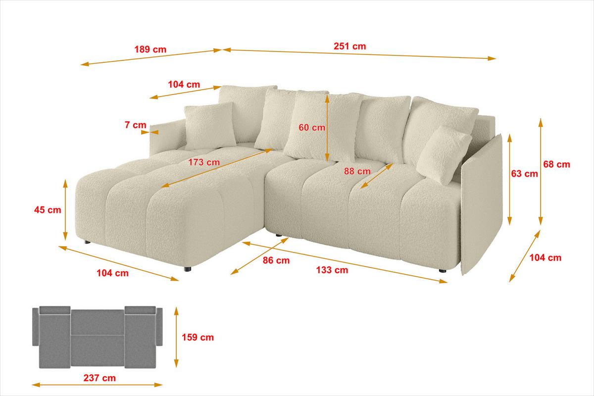 ECKSOFA Ottomane links LONLI-L 251x189x68 Creme Bouclé - Hellbraun/Creme, Holzwerkstoff/Kunststoff (251/189cm) - ALTDECOR