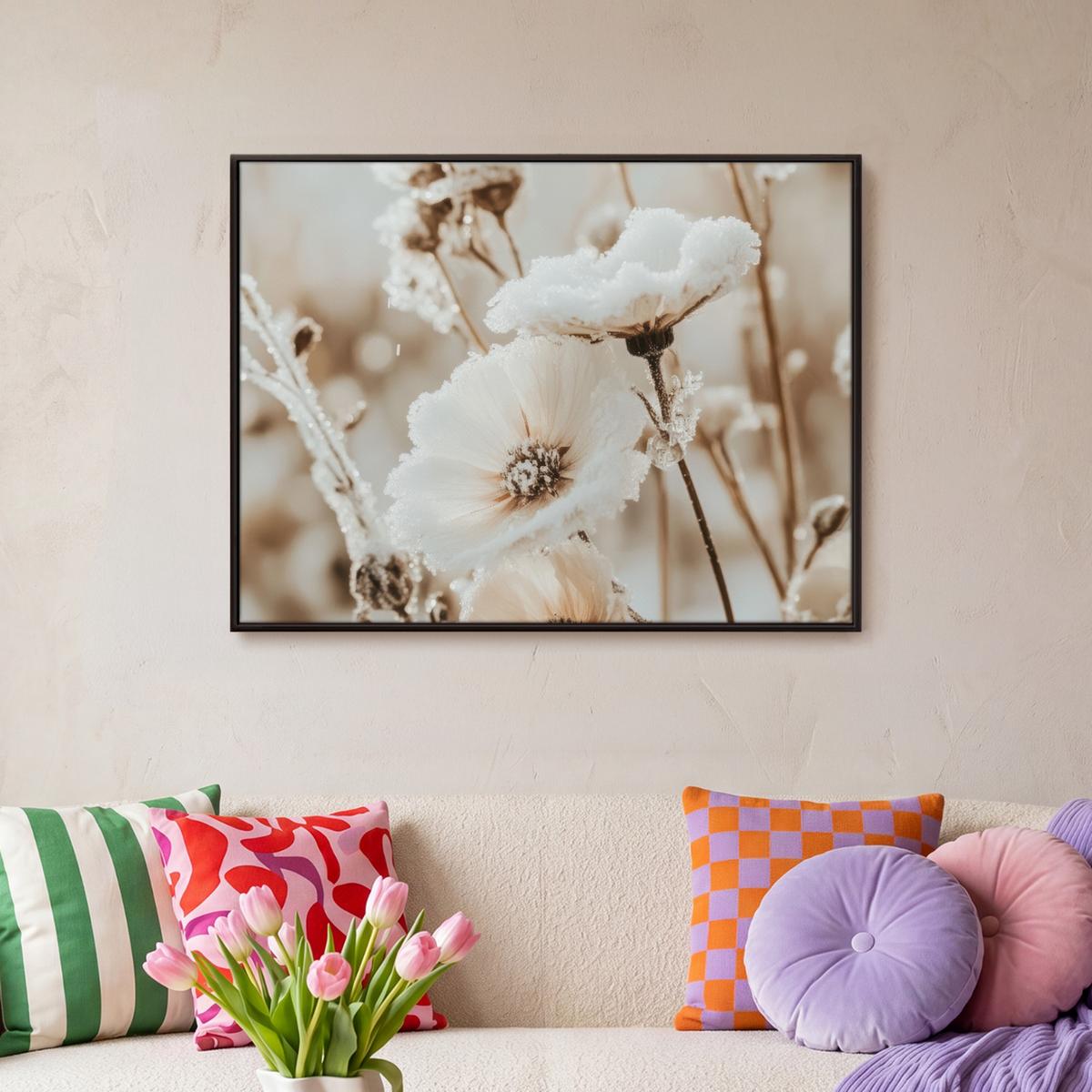 LEINWAND Bilder mit Rahmen - Blumen - Winter - Weiß - Schnee - Beige - 80x60 - Creme, Textil (80/60cm) - MuchoWow