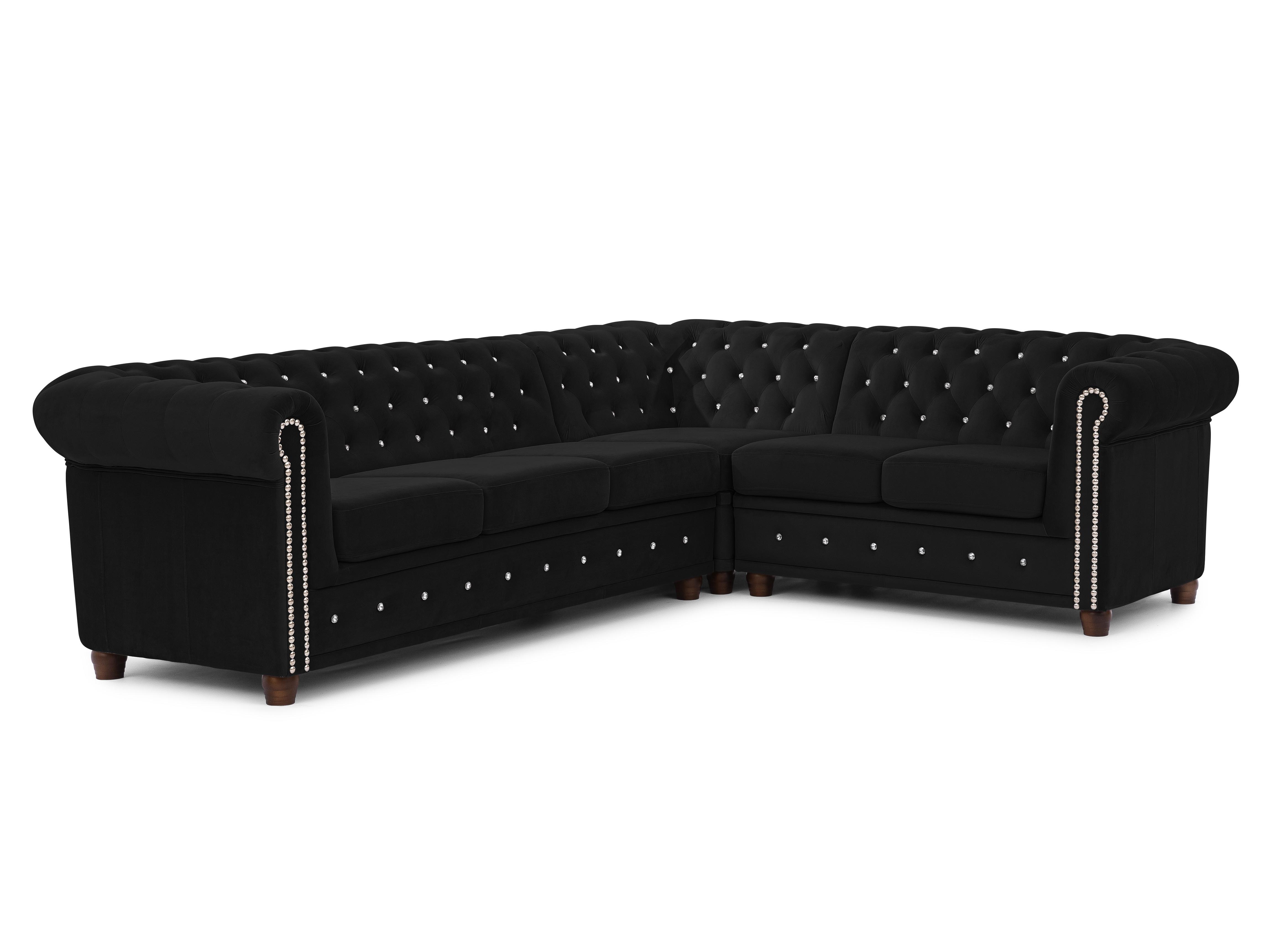 ECKSOFA Chesterfield Cleo Blink Schwarz Samt mit Kristallsteppung und braunen Massivholzfüßen - Ottomane Rechts - Schwarz/Braun, Holz/Textil (264/210cm) - S-Style Möbel