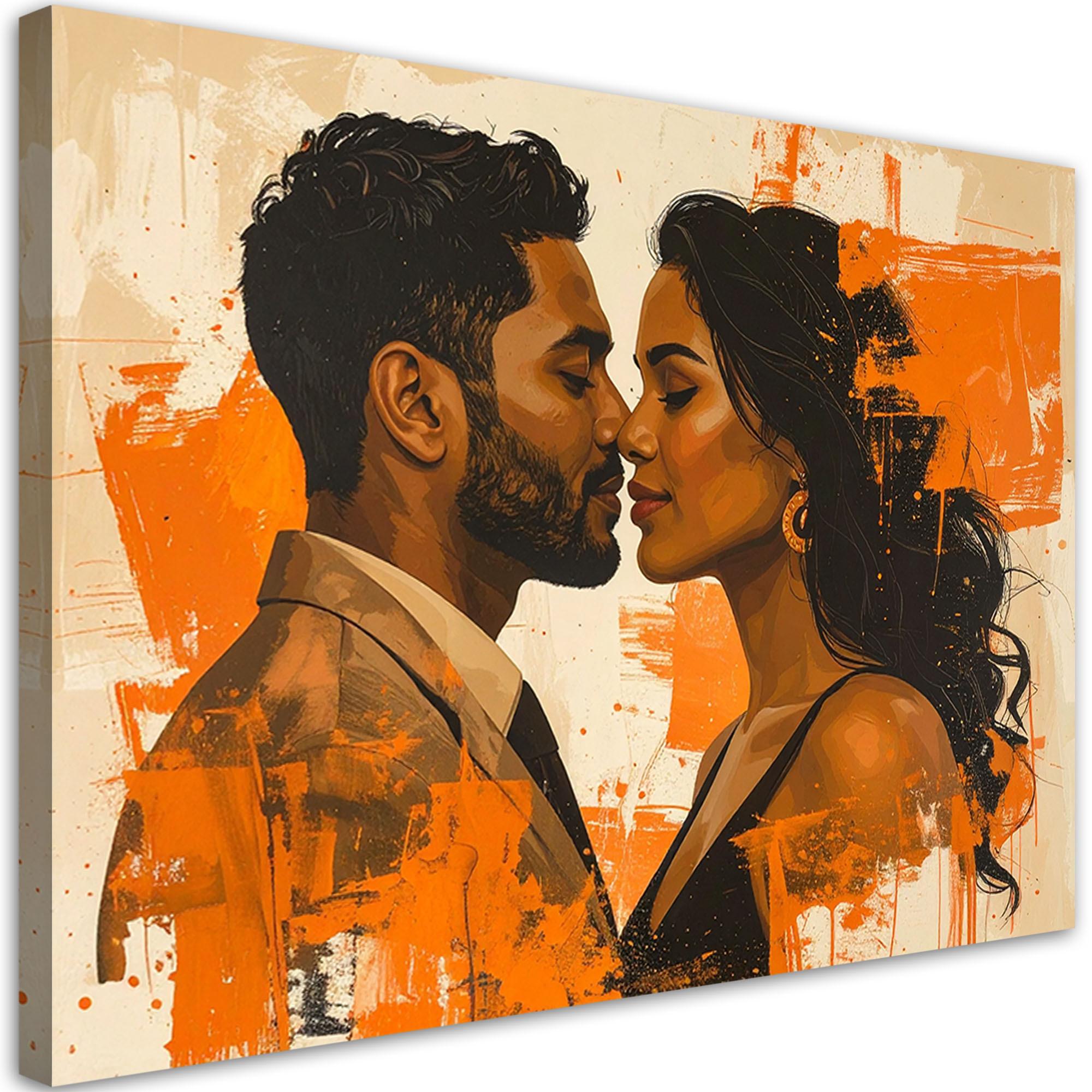 WANDBILD, Verliebtes Paar in einer warmen orangefarbenen Komposition - Orange, Textil (90/60cm) - Feeby