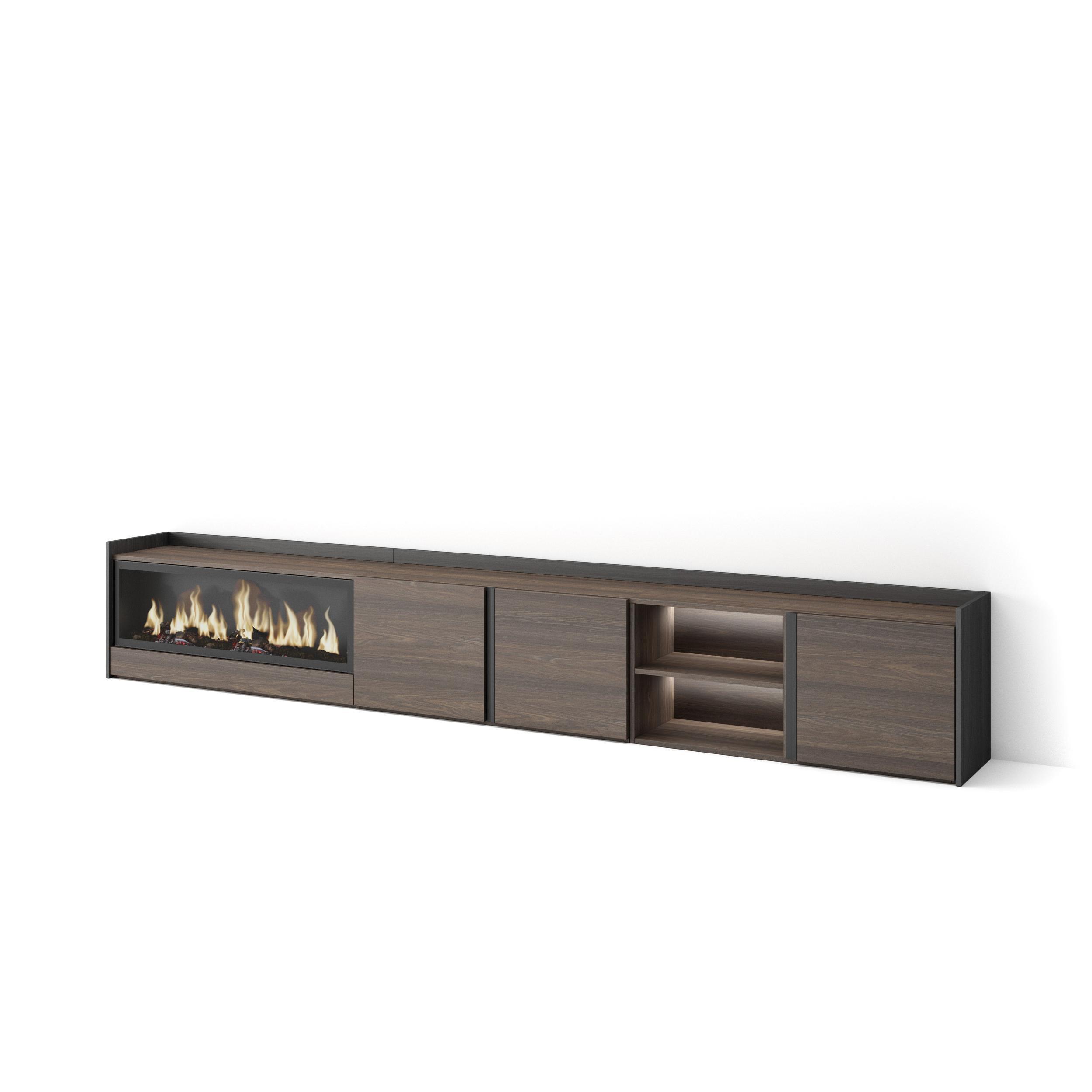 LOWBOARD, Eiche und Schwarz, 315/35/50cm, Kamin mit Feuereffekt XXL - Dunkelbraun, Holzwerkstoff (315/50/35cm) - Skraut Home