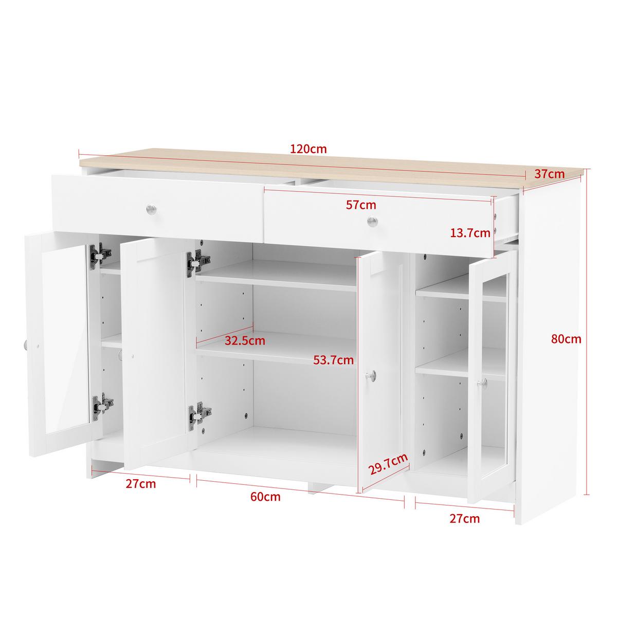 SIDEBOARD weiß & holzoptik mit glastüren & 2 schubladen - Weiß, Holzwerkstoff (120/80/37cm) - Urban Meuble
