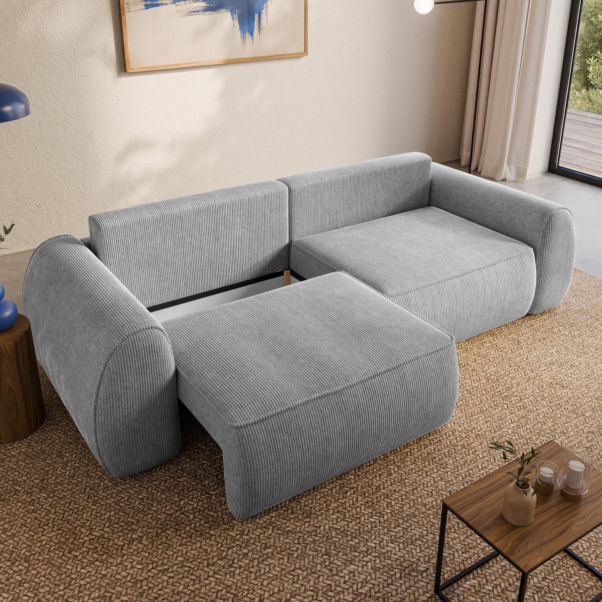 BETTSOFA ZEFEO Hellgrau Kordstoff mit Schlaffunktion - Hellgrau, Textil (264/96/106cm) - MASSENO