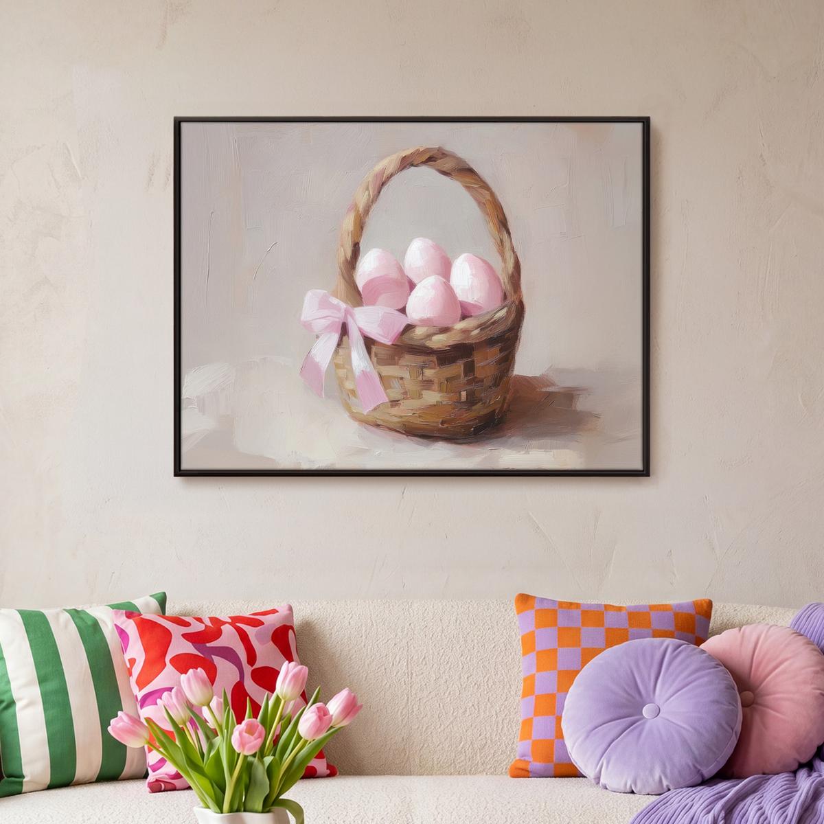LEINWAND Bilder mit Rahmen - Korb - Eier - Rosa - 80x60 - Beige, Textil (80/60cm) - MuchoWow