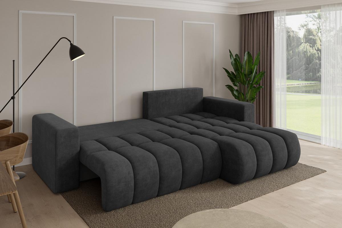 ECKSOFA mit Schlaffunktion Ottomane Rechts MILA-L-v1 277x195x86 Dunkelgrau Velours - Anthrazit/Schwarz, Holzwerkstoff/Kunststoff (277/194cm) - ALTDECOR