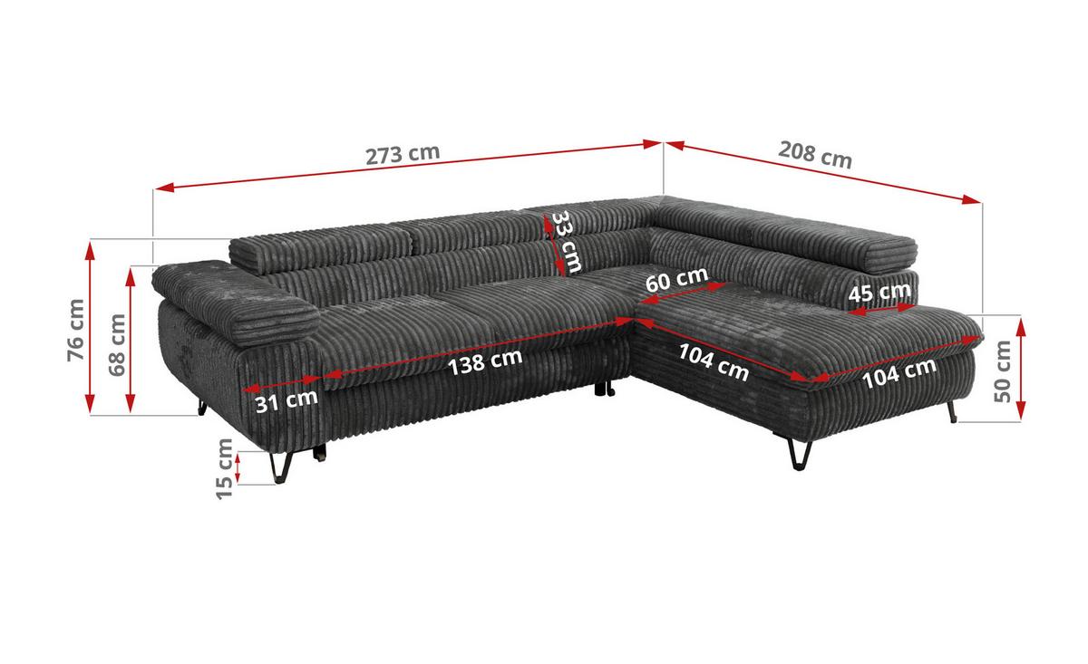 ECKSOFA PABLO L Dunkelgrau Cord - Links Seite - Dunkelgrau/Schwarz, Textil/Metall (208/273cm) - MKS