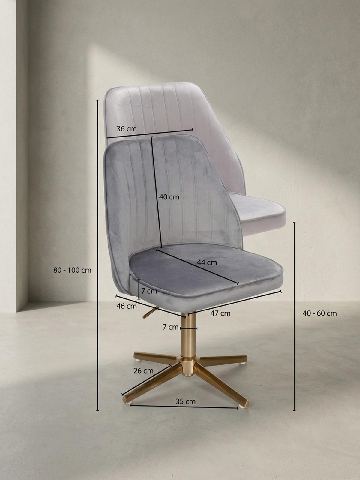 DREHSTUHL Samt mit Höhenverstellung, Eisenfuß und 360° Drehfunktion TANARO, Grau 60x60x100 cm - Goldfarben/Grau, Textil/Metall (60/100/60cm) - KADIMA DESIGN