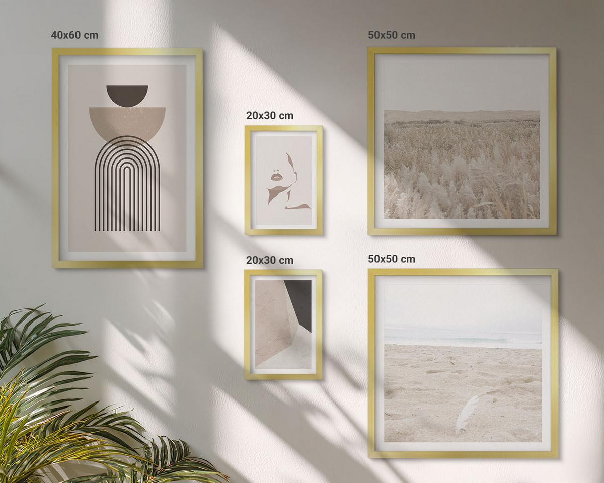 BILDER SET 5er Set - 50x50 cm & 20x30 cm & 40x60 cm Goldrahmen - Abstrakte weiß-braune Muster - Goldfarben, Kunststoff (40/60cm) - TULUP