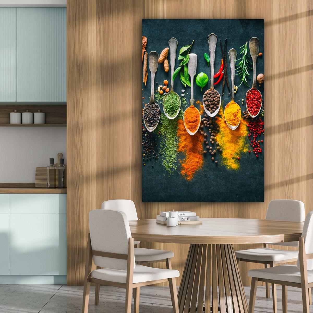 LEINWANDBILD Kräuter - Gewürze - Löffel Deko XXL 80x120 cm - Currygelb, Textil (80/120cm) - MuchoWow
