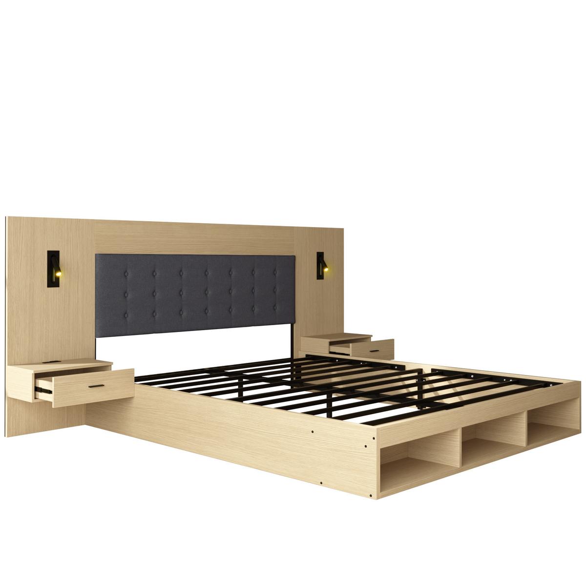 DOPPELBETT 180x200 Helle Eiche mit Stauraum, USB, Leselampe & 2 Nachttischen - Eichefarben, Holzwerkstoff (180/200cm) - Urban Meuble