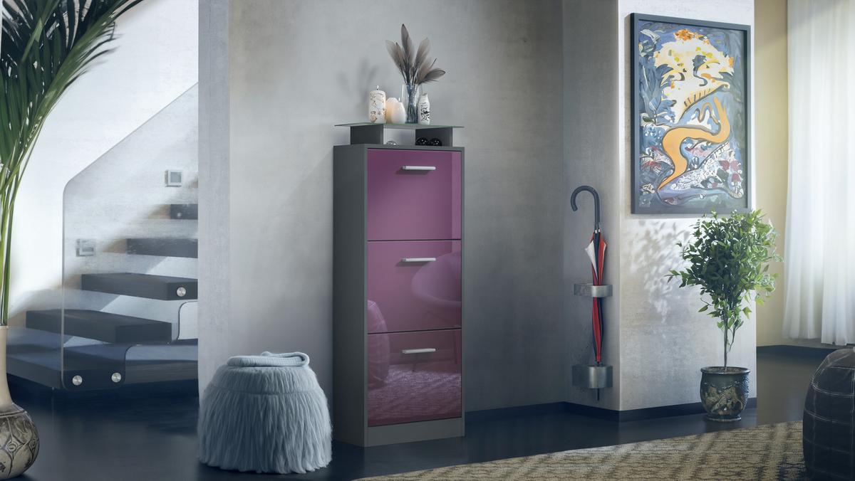 SCHUHSCHRANK Lavia Front in Brombeer Hochglanz - Brombeere, Holzwerkstoff (46/128/23cm) - Vladon