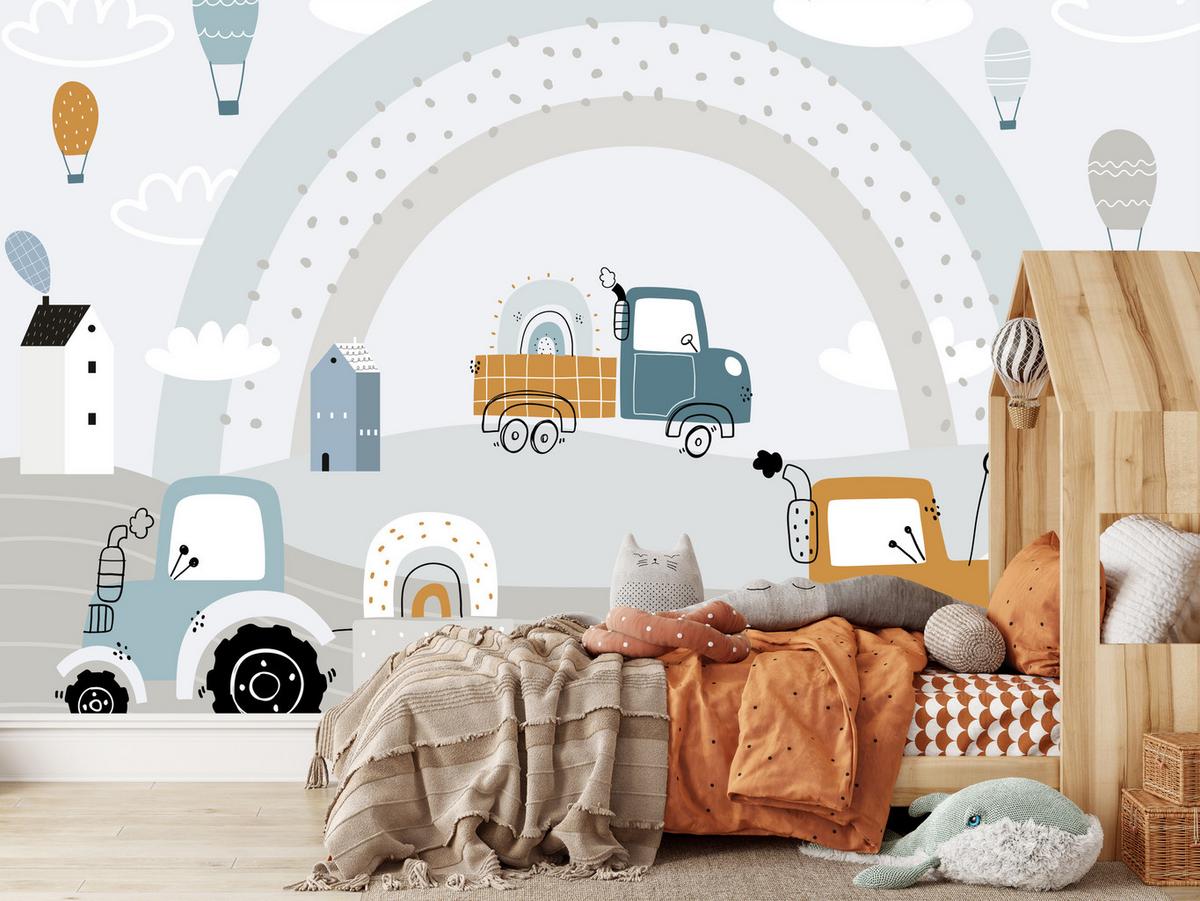 FOTOTAPETE für Kinderzimmer Baumaschinen Regenbogen Hügel Wolken 450x315 - Blau/Beige, Papier (450/315cm) - Muralo