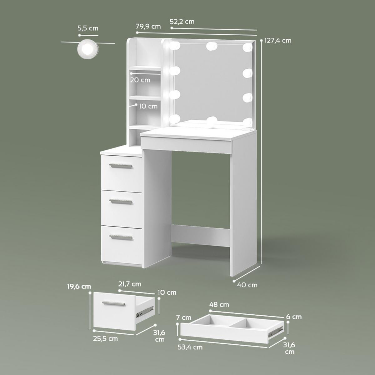 SCHMINKTISCH Ivera Weiß 79.9 cm mit LED Beleuchtung - Weiß, Holzwerkstoff (79.9/127.4/40cm) - Livinity®
