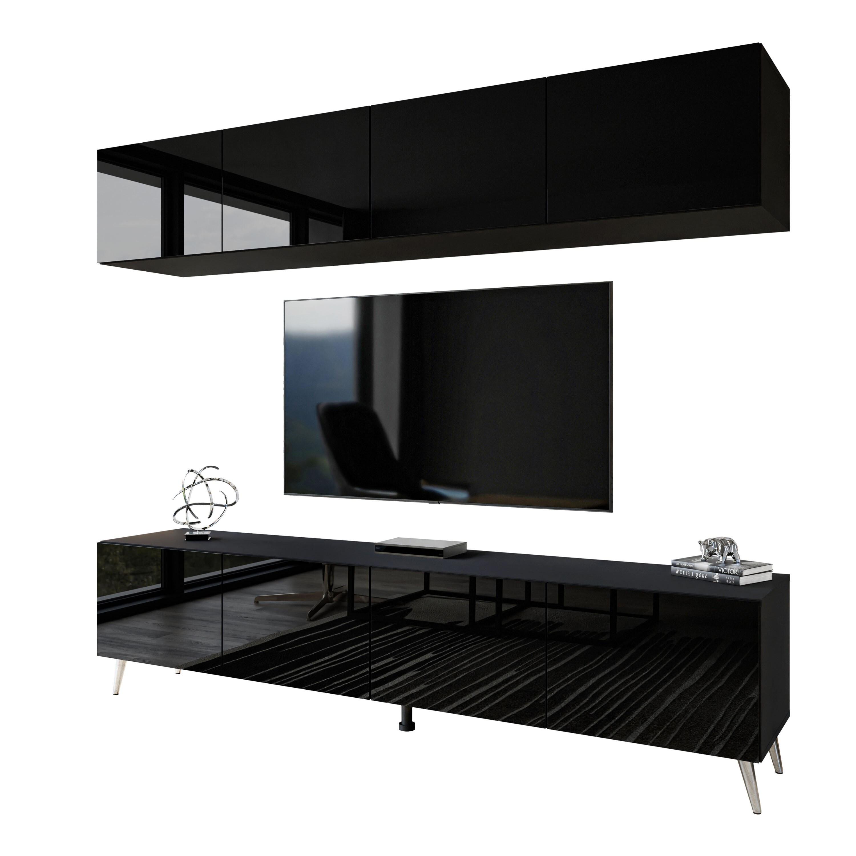 WOHNWÄNDE AURA PUSH-OPEN Schwarz Hochglanz – Füße in Chrom - Silberfarben/Schwarz, Holzwerkstoff (200/49/40cm) - Lookway