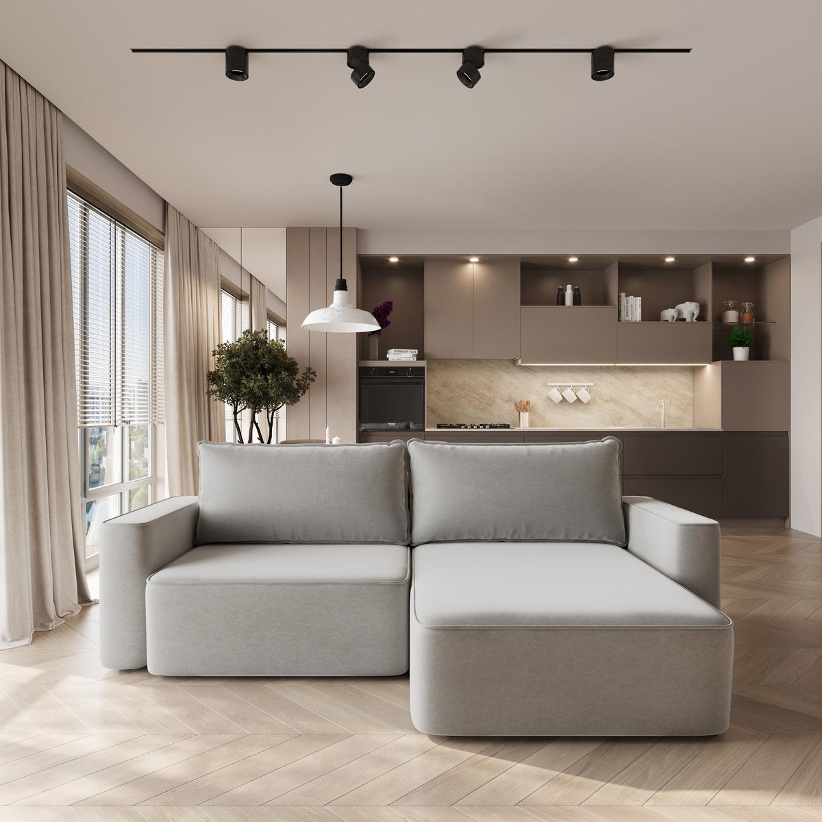 ECKSOFA BELISE CL Hellgrau Veloursstoff mit Schlaffunktion - Hellgrau, Holz/Textil (252/162cm) - MASSENO