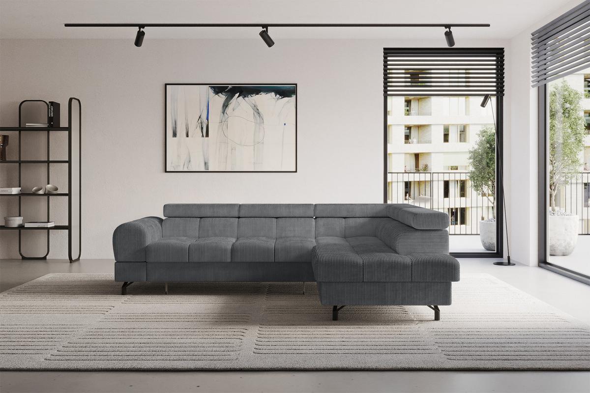 ECKSOFA mit Schlaffunktion Ottomane Rechts LUMA-L 272x203x70 Dunkelgrau Cord - Dunkelgrau/Schwarz, Holzwerkstoff/Kunststoff (203/272cm) - ALTDECOR