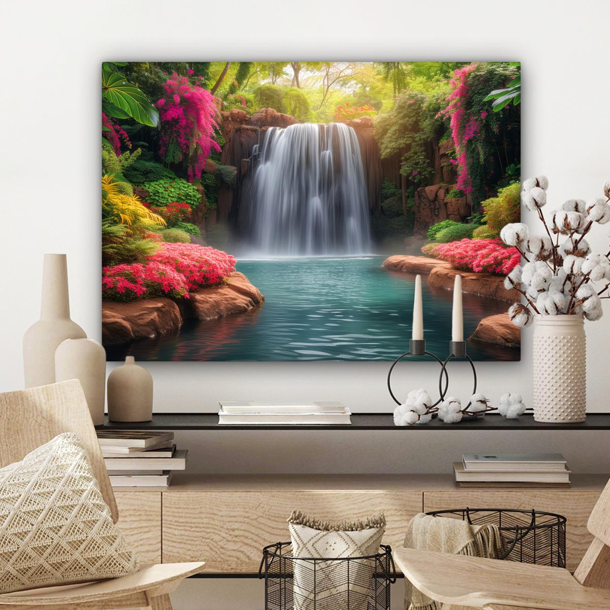 LEINWANDBILD Wasserfall - Natur - Pflanzen - Dschungel - Wasser Wandbilder 80x60 cm - Grün, Textil (80/60cm) - MuchoWow
