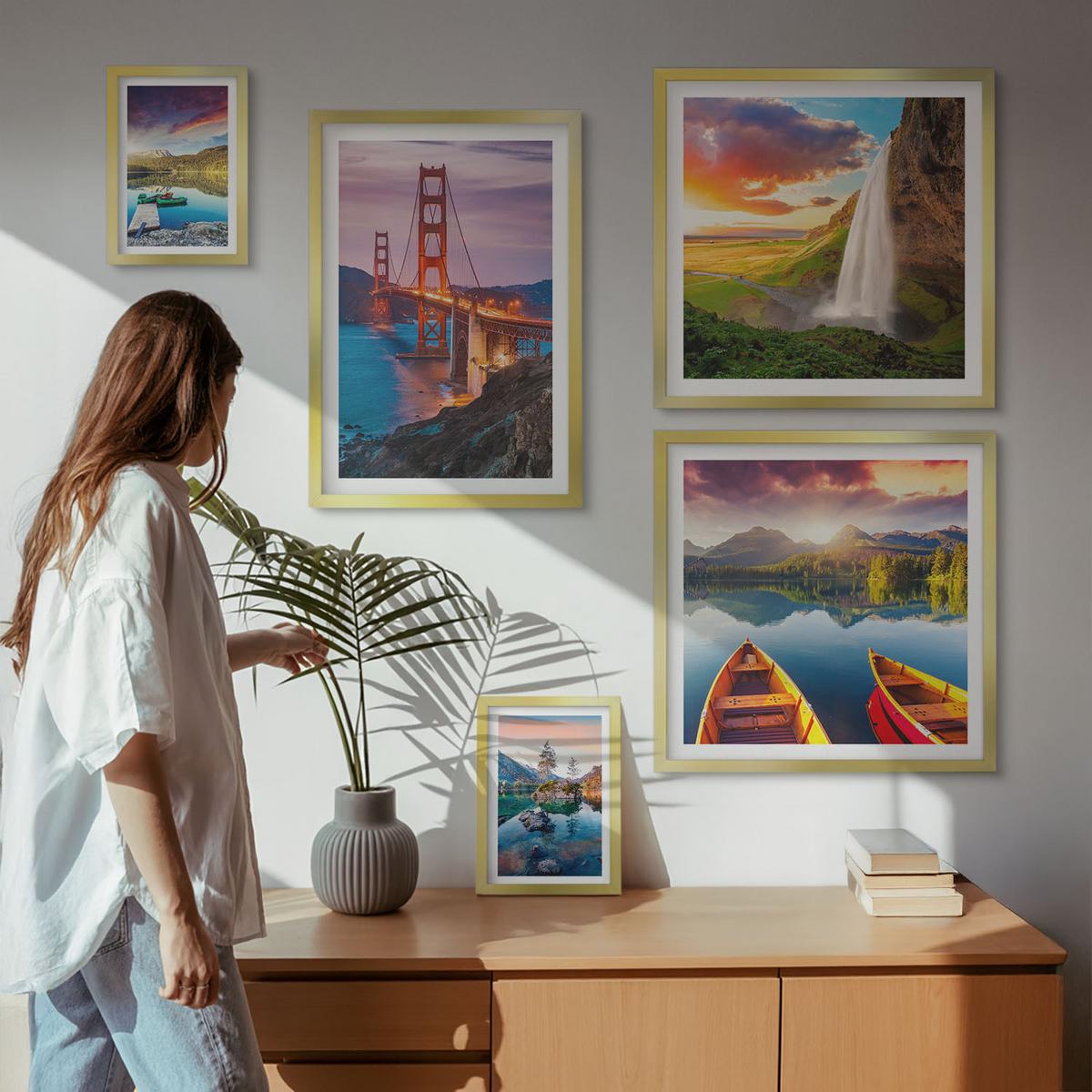 BILDER SET 5er Set - 50x50 cm & 20x30 cm & 40x60 cm Goldrahmen - Bergseen, Boote, Brücken - Goldfarben, Kunststoff (40/60cm) - TULUP