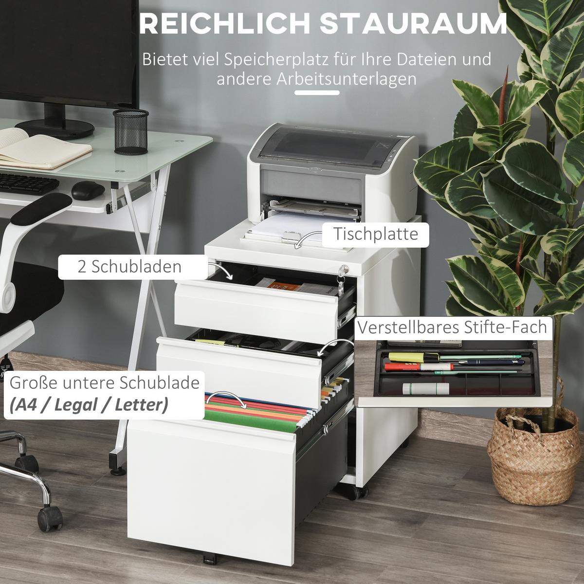 AKTENSCHRANK mit Rädern, konkavem Griff, für Home-Office, Stahl, Weiß - Weiß, Metall (48/60/39cm) - Vinsetto