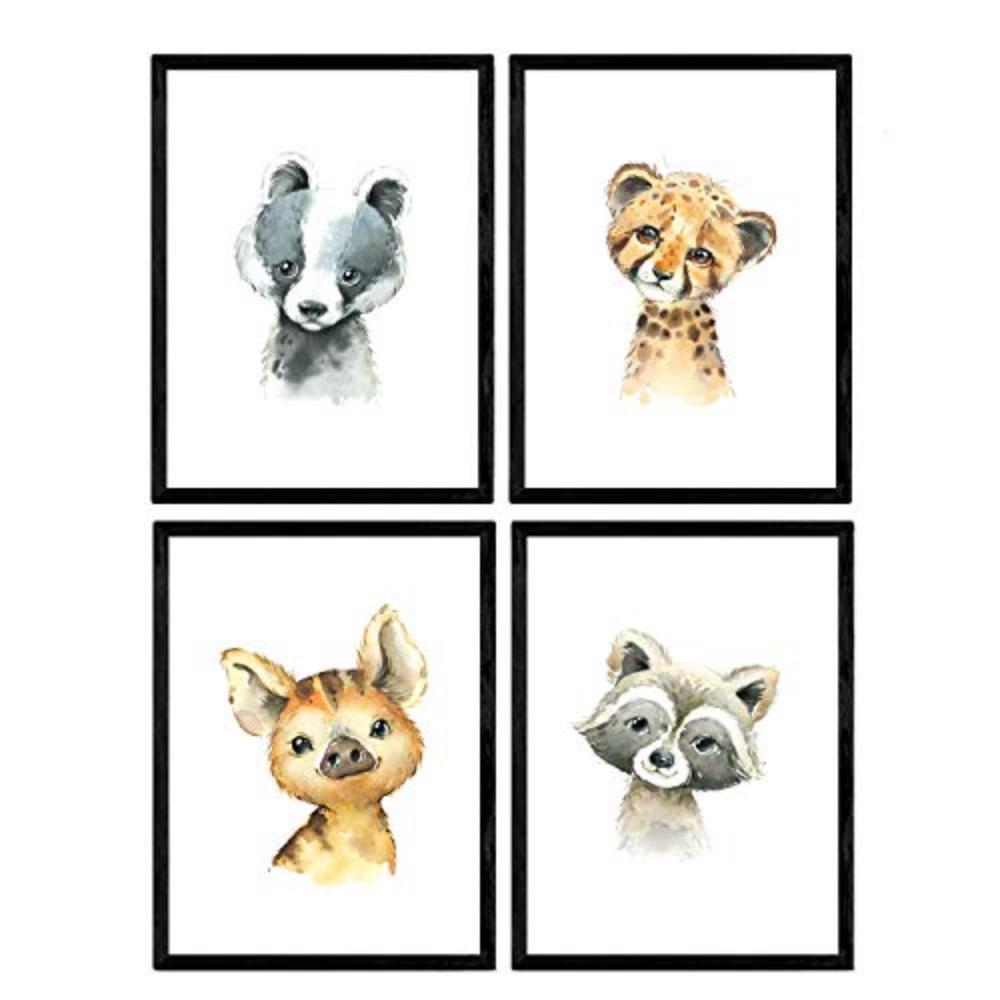 POSTER Set mit 4 Tiger Mofeta Hiena Waschbär A3 Schwarzer Rahmen - Schwarz, Papier (29.7/3cm) - Nacnic