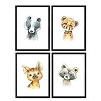 POSTER Set mit 4 Tiger Mofeta Hiena Waschbär A3 Schwarzer Rahmen - Schwarz, Papier (29.7/3cm) - Nacnic