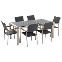 GARTENMÖBEL SET 6-Sitzer Naturstein schwarz geflammt Rattan Grosseto - Silberfarben/Schwarz, Metall - Beliani