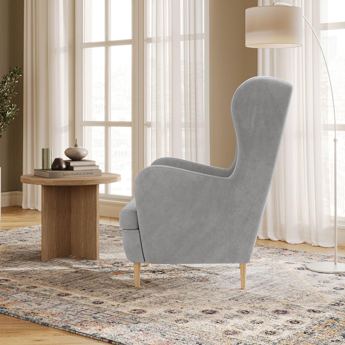 SESSEL VOGERA Ohrensessel Polstersessel, Hellgrau - Eichefarben/Hellgrau, Holzwerkstoff (78/103/85cm) - MASSENO