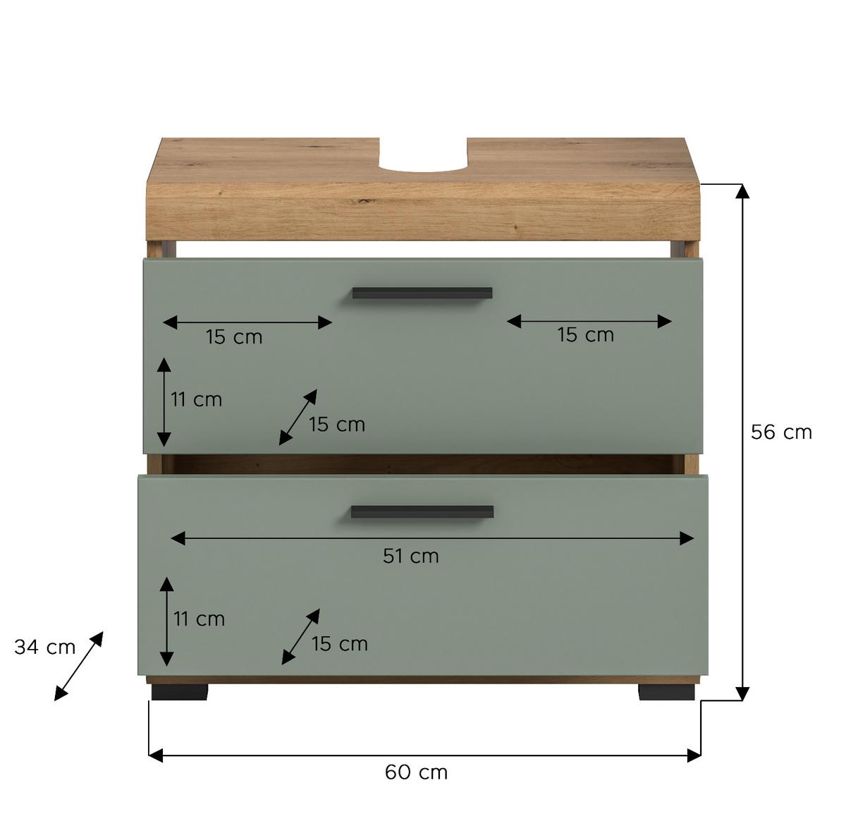 WASCHBECKENUNTERSCHRANK Salbei grün, Eiche Artisan 60 cm mit Schubkästen - Salbeigrün/Schwarz, Holzwerkstoff/Kunststoff (60/56/37cm) - Inn.Furn