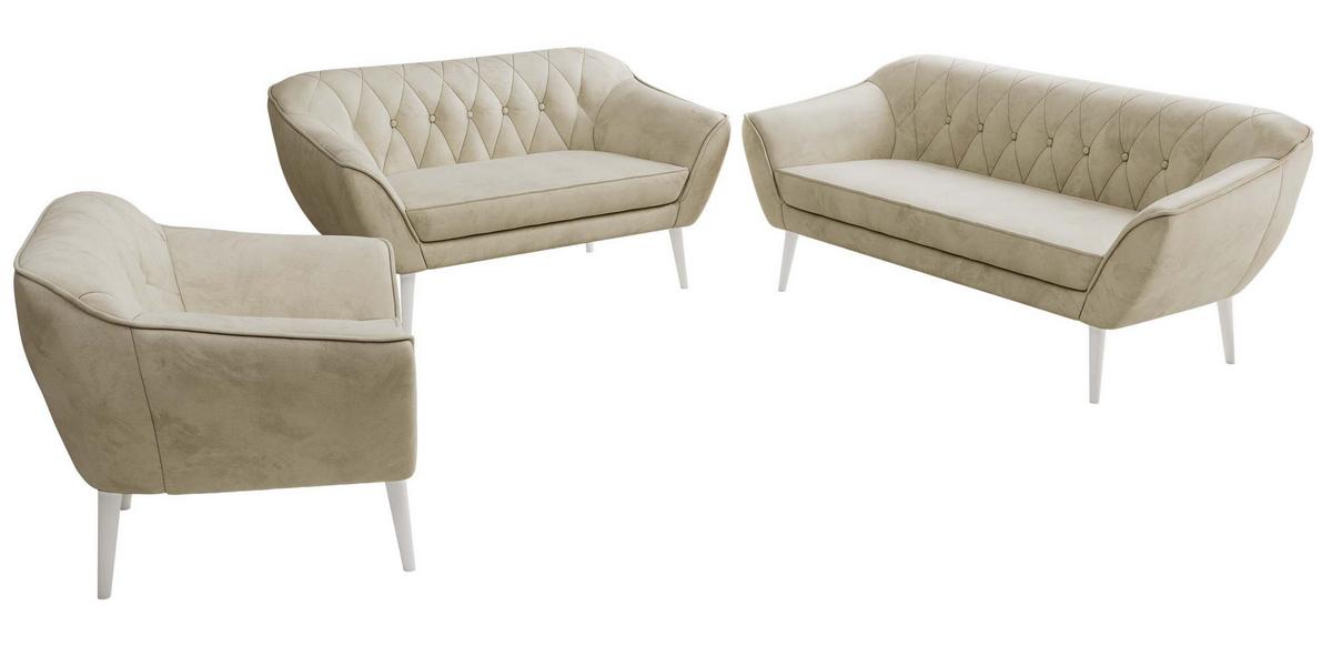 SITZGARNITUR PIRS 3+2+1 - Beige Velvet - Weiße Beine - Beige/Weiß, Holzwerkstoff/Textil (180/75/74cm) - MKS