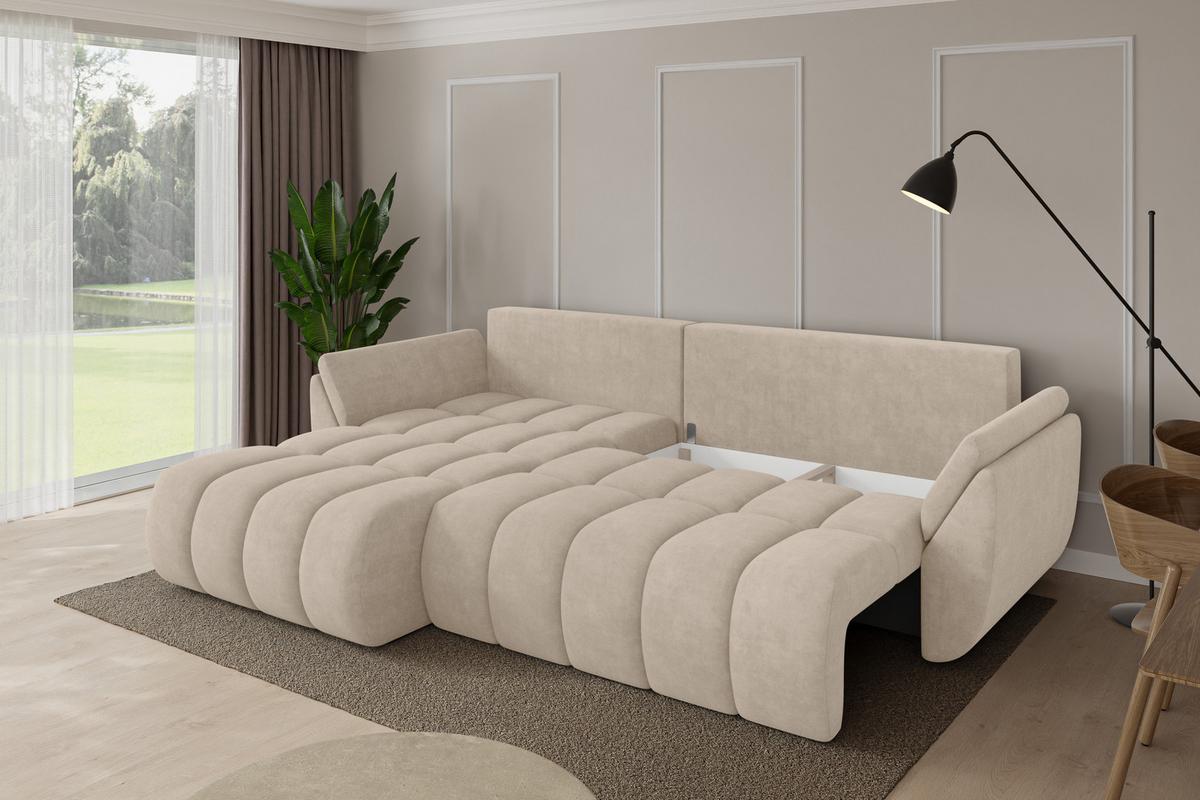 ECKSOFA mit Schlaffunktion Ottomane Links TOKO-L-v1 277x194x86 Beige Velours - Schwarz/Sahara, Holzwerkstoff/Kunststoff (277/194cm) - ALTDECOR