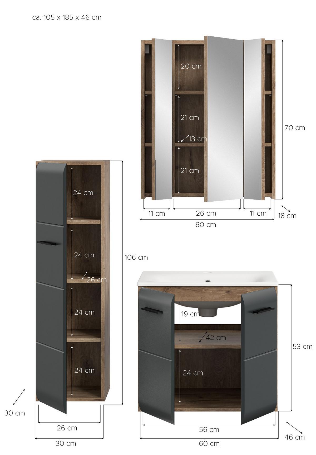 BADMÖBEL-SET 3-teilig Schwarz matt und Eiche, Badezimmer Komplett-Set mit Waschbecken, 105 x 185 cm - Eichefarben/Schwarz, Glas/Keramik (105/185/46cm) - Inn.Furn