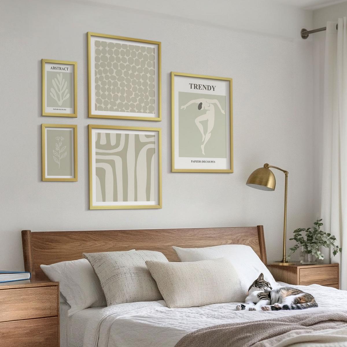 BILDER SET 5er Set - 50x50 cm & 20x30 cm & 40x60 cm Goldrahmen - Pflanzen- und geometrische Muster - Goldfarben, Kunststoff (40/60cm) - TULUP