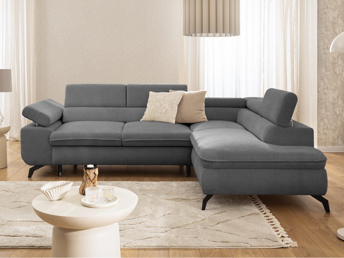 ECKSOFA mit Schlaffunktion und Bettkasten Bonnie aus Grau Chenille-Stoff mit verstellbaren Kopfstützen und Armlehne - Ottomane rechts - Schwarz/Grau, Holz/Textil (275/210cm) - S-Style Möbel