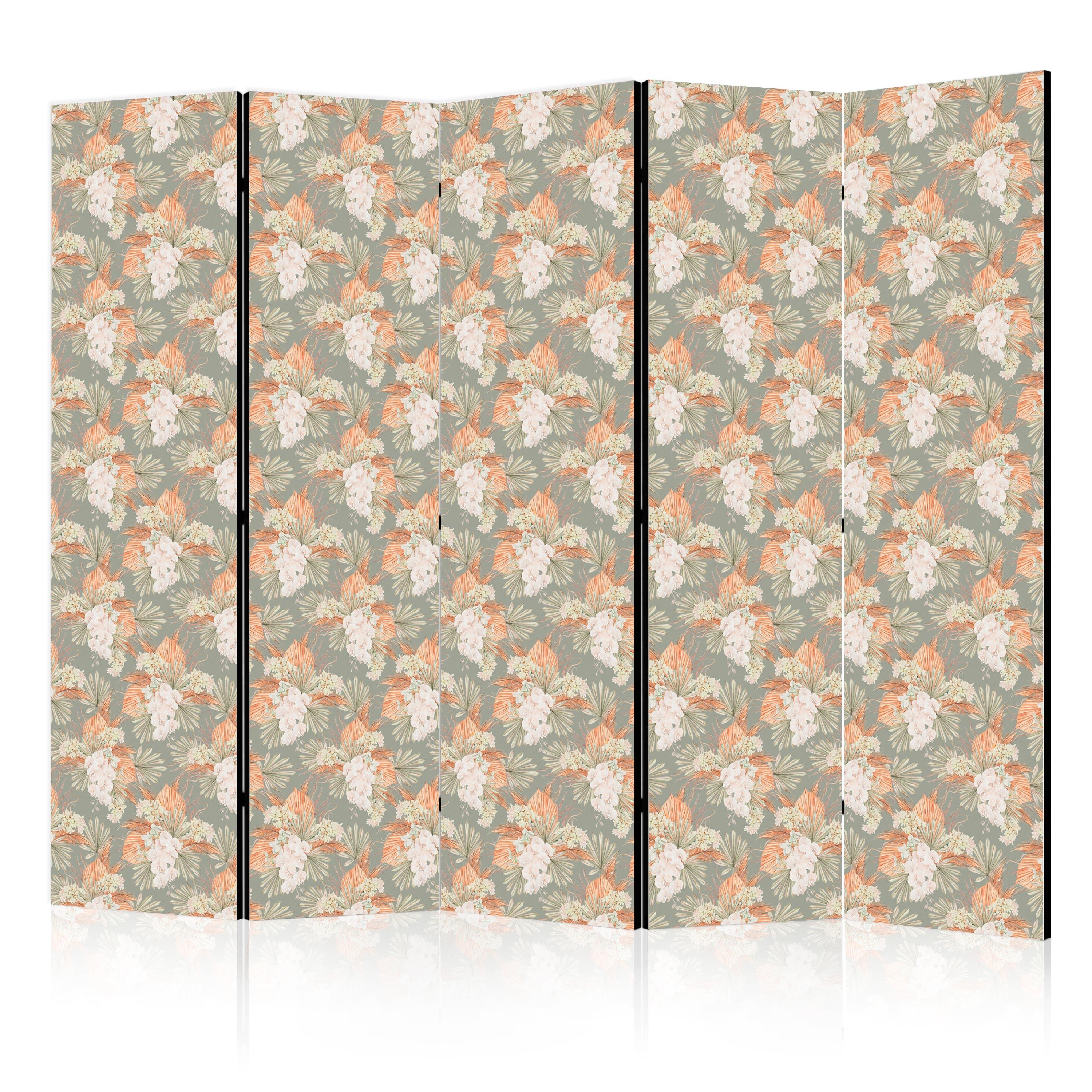 PARAVENT Einseitig Bedruckter 5-tlg 225x172 cm Tropische Blätter und Orchideen - Grün, Holz/Textil (225/172/3cm) - Muralo
